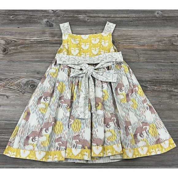 Knock Knock Girls Sleeveless Dress Size 4 Handmade USA Yellow Brown Fox Print - Picture 5 of 11